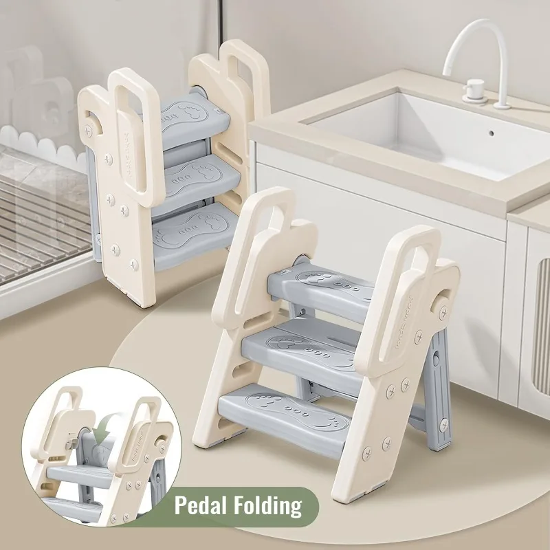 Toddler Learning Tower - เก้าอี้บันได3ขั้นมีมือจับกันลื่น4 in 1ปรับได้พับได้ซิงค์ห้องน้ำ3ขั้นสำหรับเด็กหัดเดินการฝึกขับถ่าย