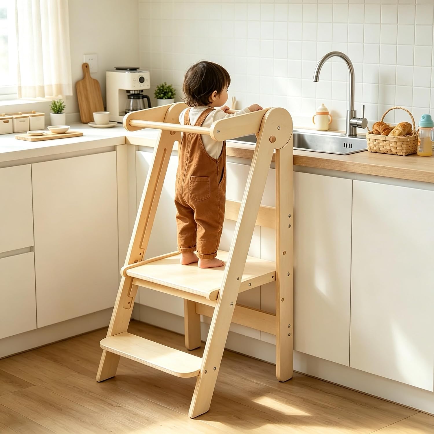 Toddler Learning Tower - หอคอยสำหรับเด็กเล็กแบบพับได้, เก้าอี้เด็กแบบมอนเตสซอรี่สำหรับใช้ในครัวพร้อมแท่นยืน 2 ขั้น, เก้าอี้เสริมพัฒนาการสำหรับเด็ก, หอคอยช่วยประหยัดพื้นที่